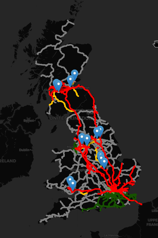 Current extent of electrified railway lines in Britain